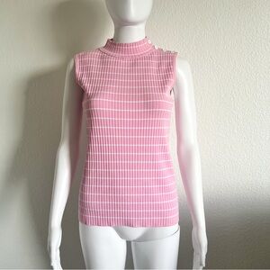 Talbots Small Pink Sleeveless Mock Neck Ribbed Knit Top Striped Button Detail